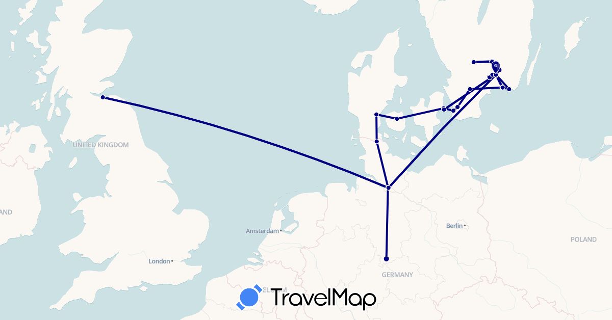 TravelMap itinerary: driving in Germany, Denmark, United Kingdom, Sweden (Europe)